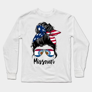 Missouri girl Messy bun , American Girl , Missouri Flag Long Sleeve T-Shirt